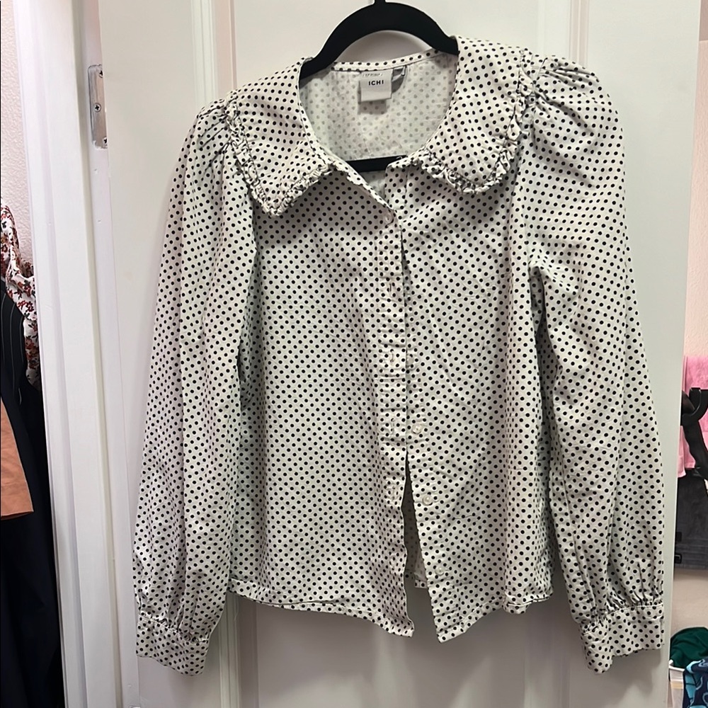 White and Black Polka Dot Puff Sleeve Button Down Blouse